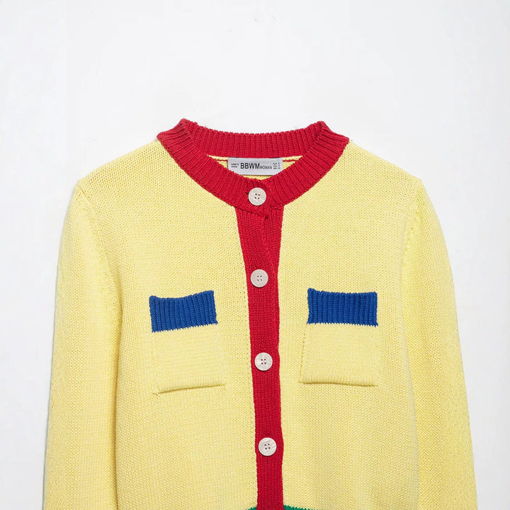 Damen Kurze Strickjacke mit Kontrastblende und Zierbrusttaschen Drune