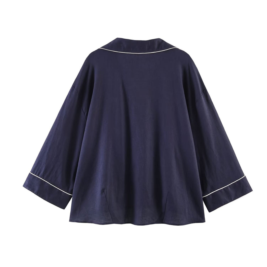 Damen Pyjama-inspirierte Oversize-Hemdbluse mit Kontrastpaspel und Brusttaschen Drune