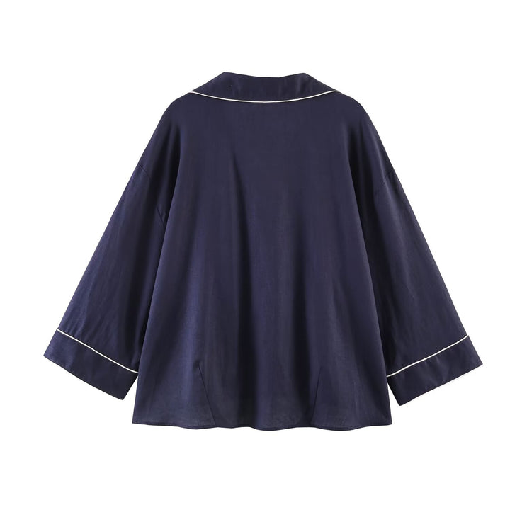 Damen Pyjama-inspirierte Oversize-Hemdbluse mit Kontrastpaspel und Brusttaschen Drune