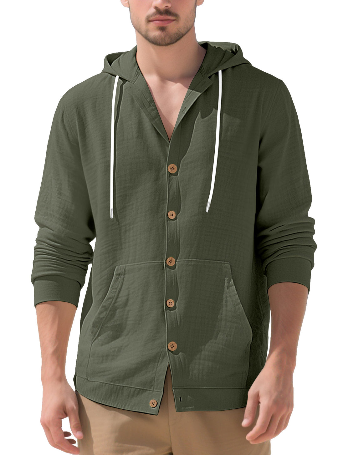 Herren nan leichtes Kapuzen-Übershirt im Crinkle-Look mit Holzknopfleiste und Kängurutasche Drune