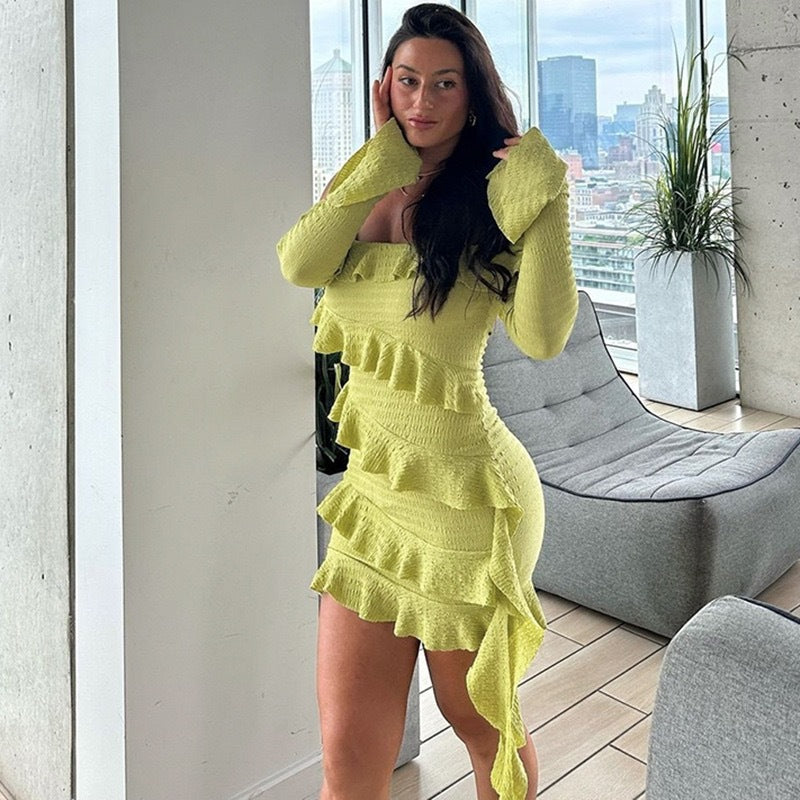 Damen verspieltes Wickelkleid mit Rüschen und schulterfreiem Design Drune