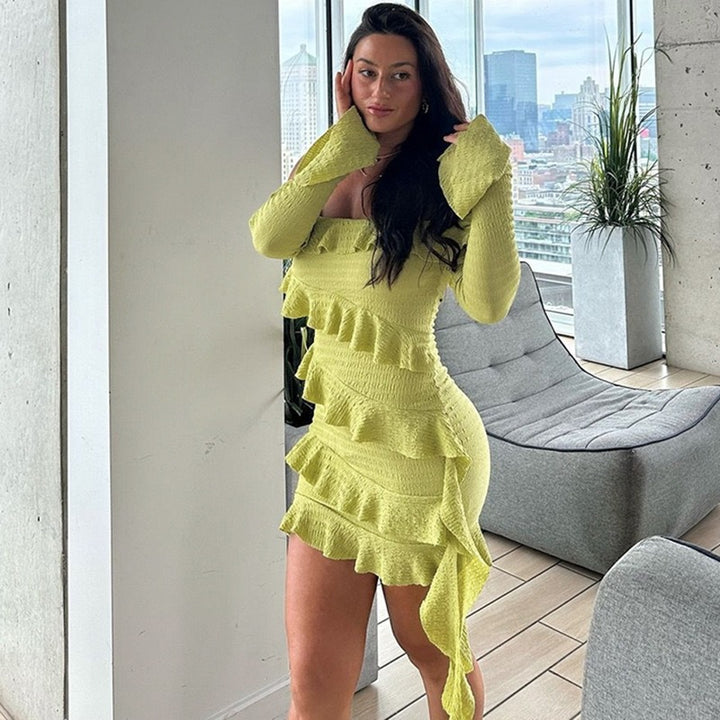 Damen verspieltes Wickelkleid mit Rüschen und schulterfreiem Design Drune