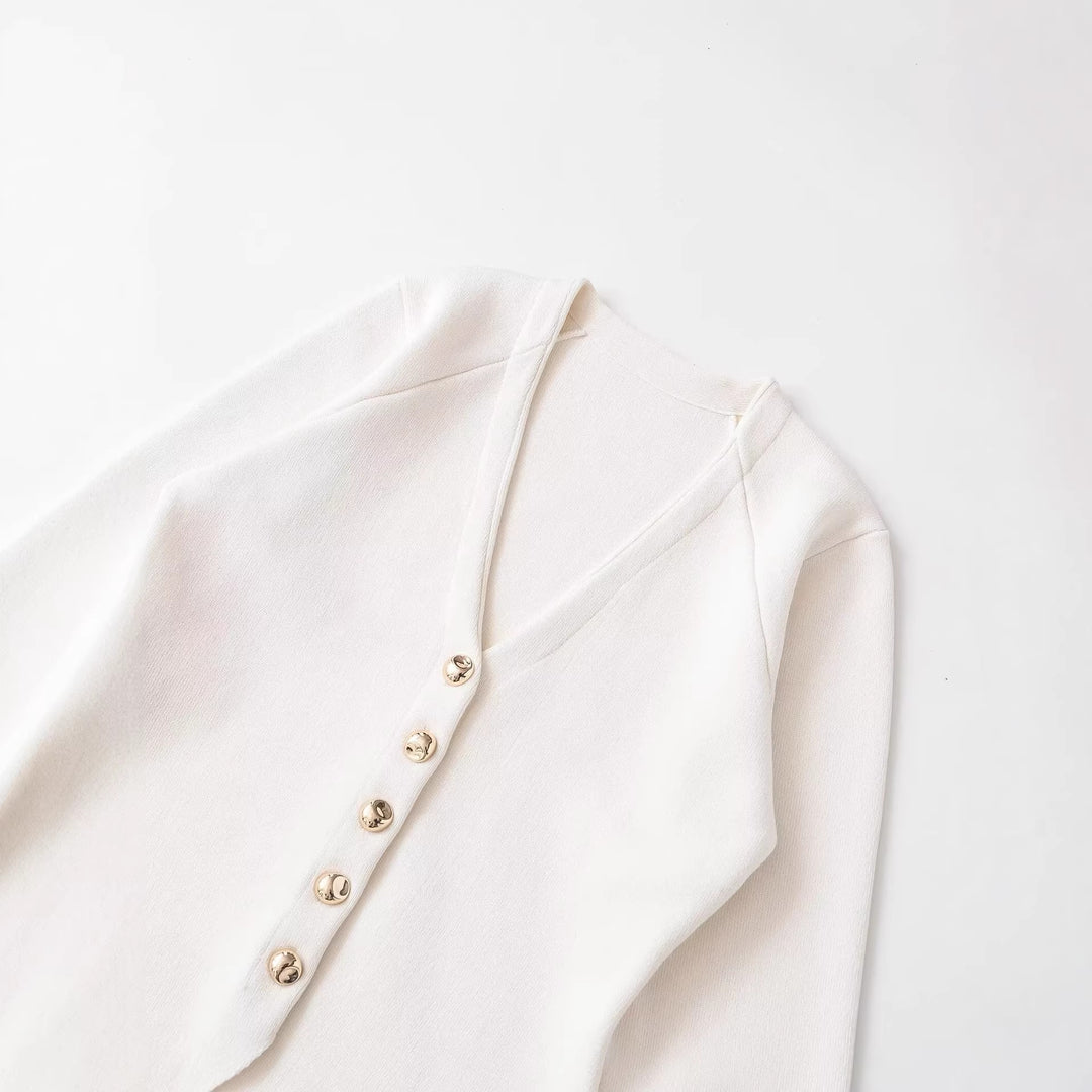 Damen Taillierter Rippstrick-Blazer-Cardigan mit V‑Ausschnitt und Zierknöpfen Drune
