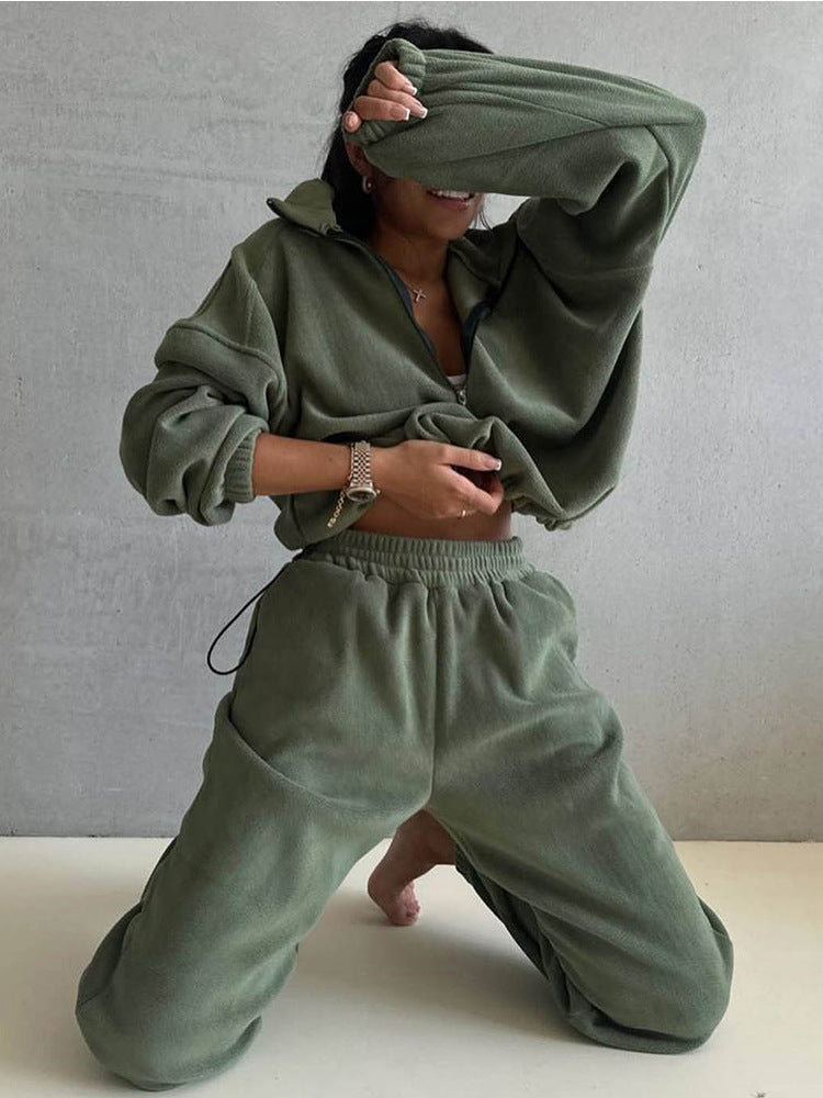 Damen Fleece Trainingsanzug mit hohem Kragen und praktischen Taschen Drune