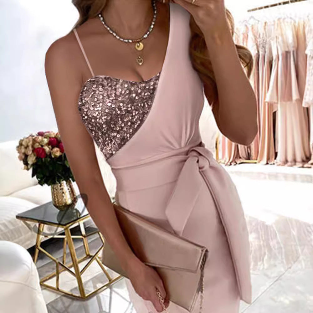 Damen Figurbetontes Kleid mit schimmerndem Oberteil und Taillengürtel Drune