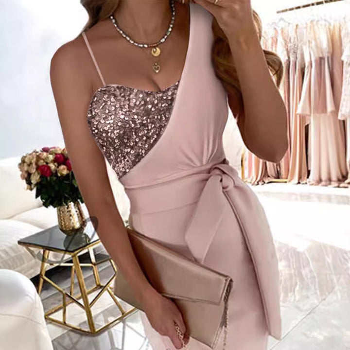 Damen Figurbetontes Kleid mit schimmerndem Oberteil und Taillengürtel Drune