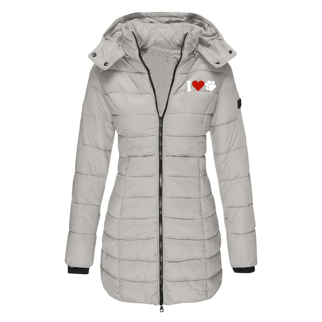 Damen nan gesteppte Steppjacke mit Kapuze, taillierter Silhouette und Herz-Pfoten-Print Drune