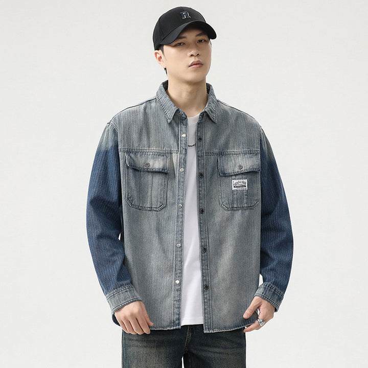 Herren Overshirt aus Denim mit Kontrastärmeln und leichter Used-Waschung Drune