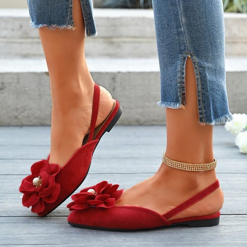 Damen Slingback-Ballerinas mit großer Blumenapplikation und flacher Komfortsohle Drune