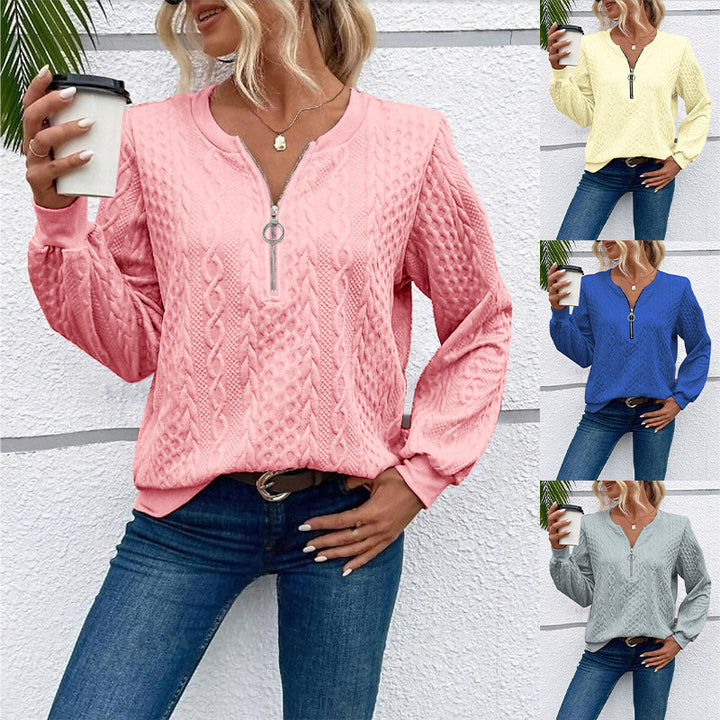 Damen grob strukturiertes Strickpullover mit Kabelmuster, halber Reißverschluss und Ballonärmel Drune