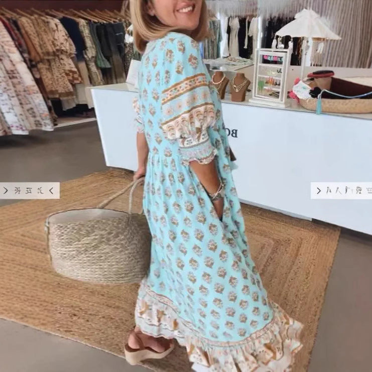 Frauen Boho Maxi Kleid aus leichtem Viskose-Mix mit V-Ausschnitt, Quastenbändchen, drei Viertelärmeln und seitlichen Taschen Drune