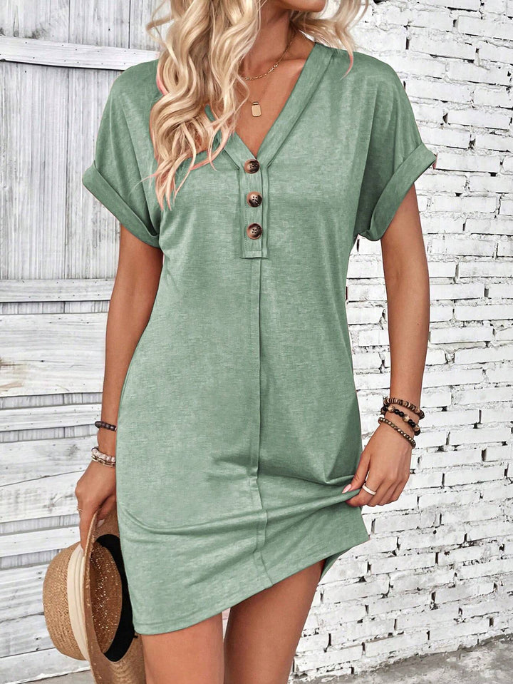 Damen Lockeres V-Ausschnitt Freizeitkleid mit Zierknopfleiste Drune