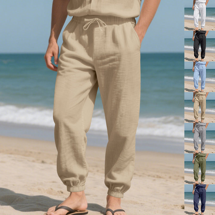 Herren Leinenoptik-Loungehose mit elastischem Bund, Kordelzug & gerippten Knöchelabschlüssen Drune