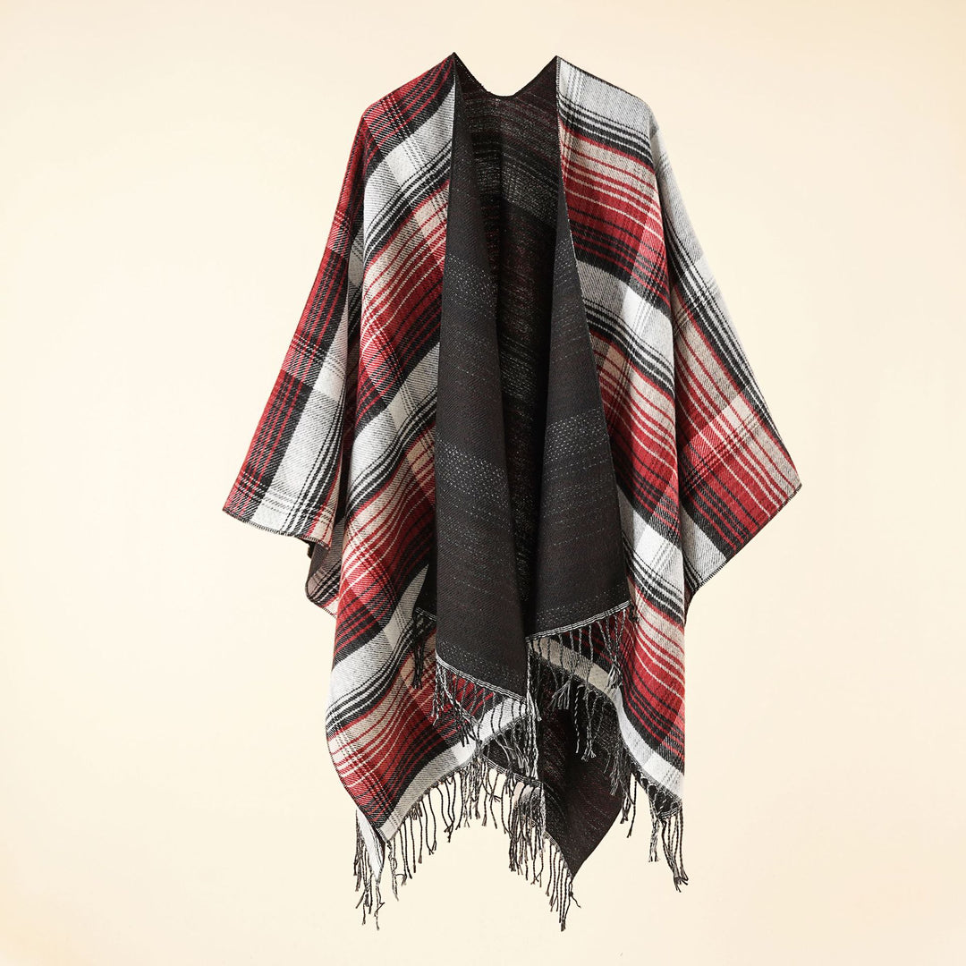 Damen Kastiger Plaid-Ruana aus leichtem Wollmix mit dekorativem Fransensaum Drune