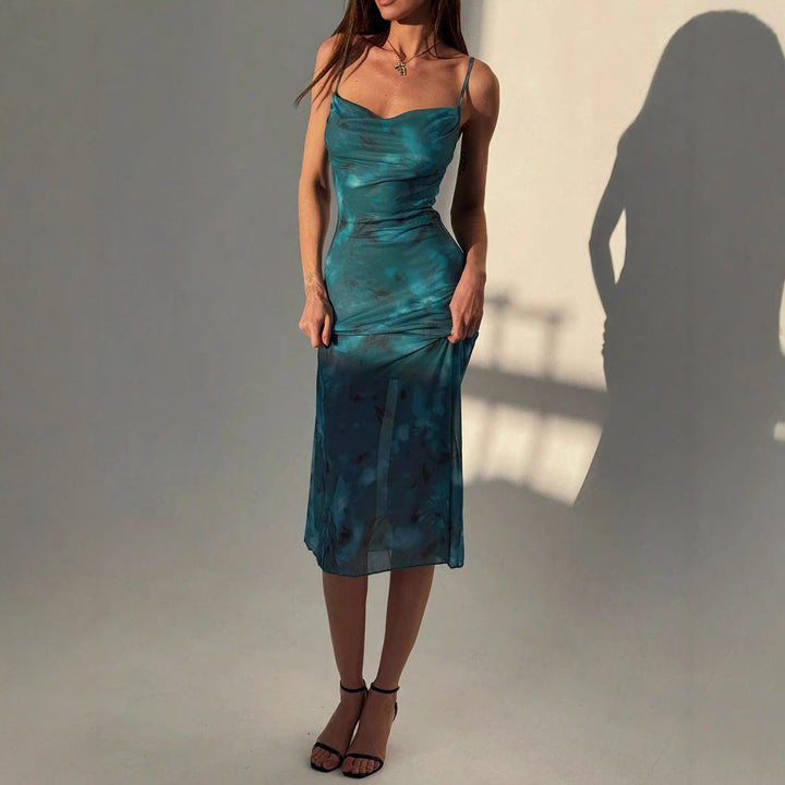 Damen Elegantes Midikleid aus fließendem Chiffon mit verführerischem Spaghettiträger Drune