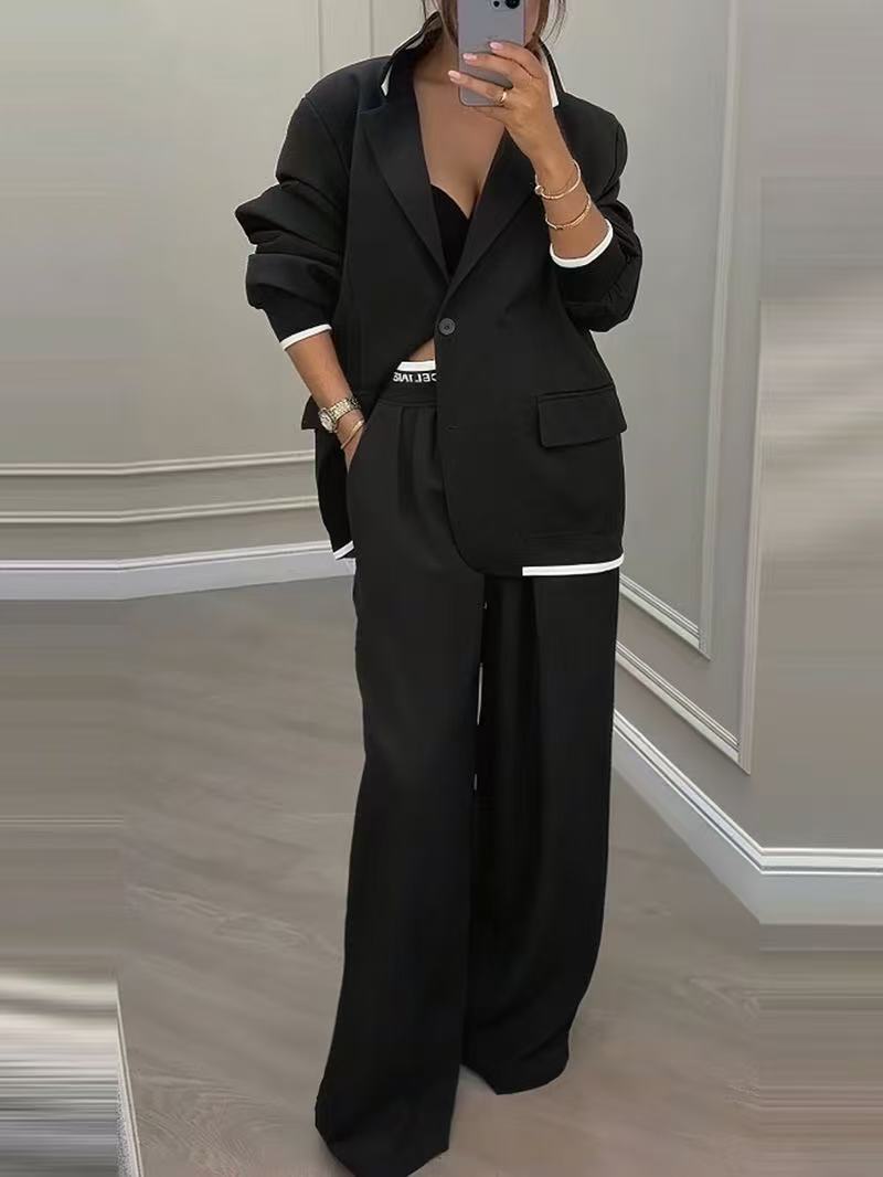 Damen Oversize-Tailoring-Set mit Kontrastpaspel, Single-Button-Blazer und hochgeschnittener Weitbeinhose Drune