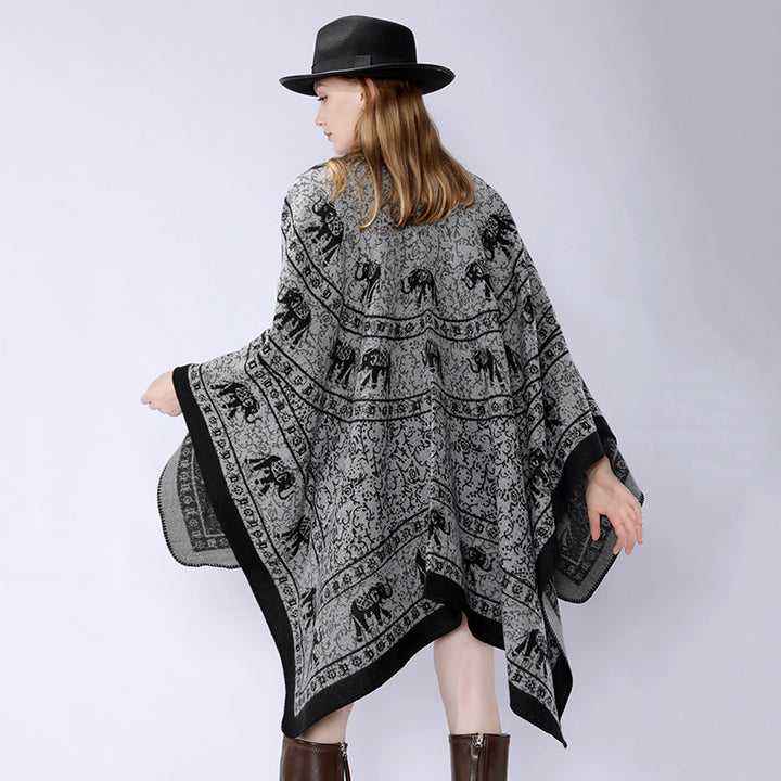 Damen Capeponcho im Wickelstil mit ornamentaler Jacquardstruktur und offenem Kimono-Fall Drune