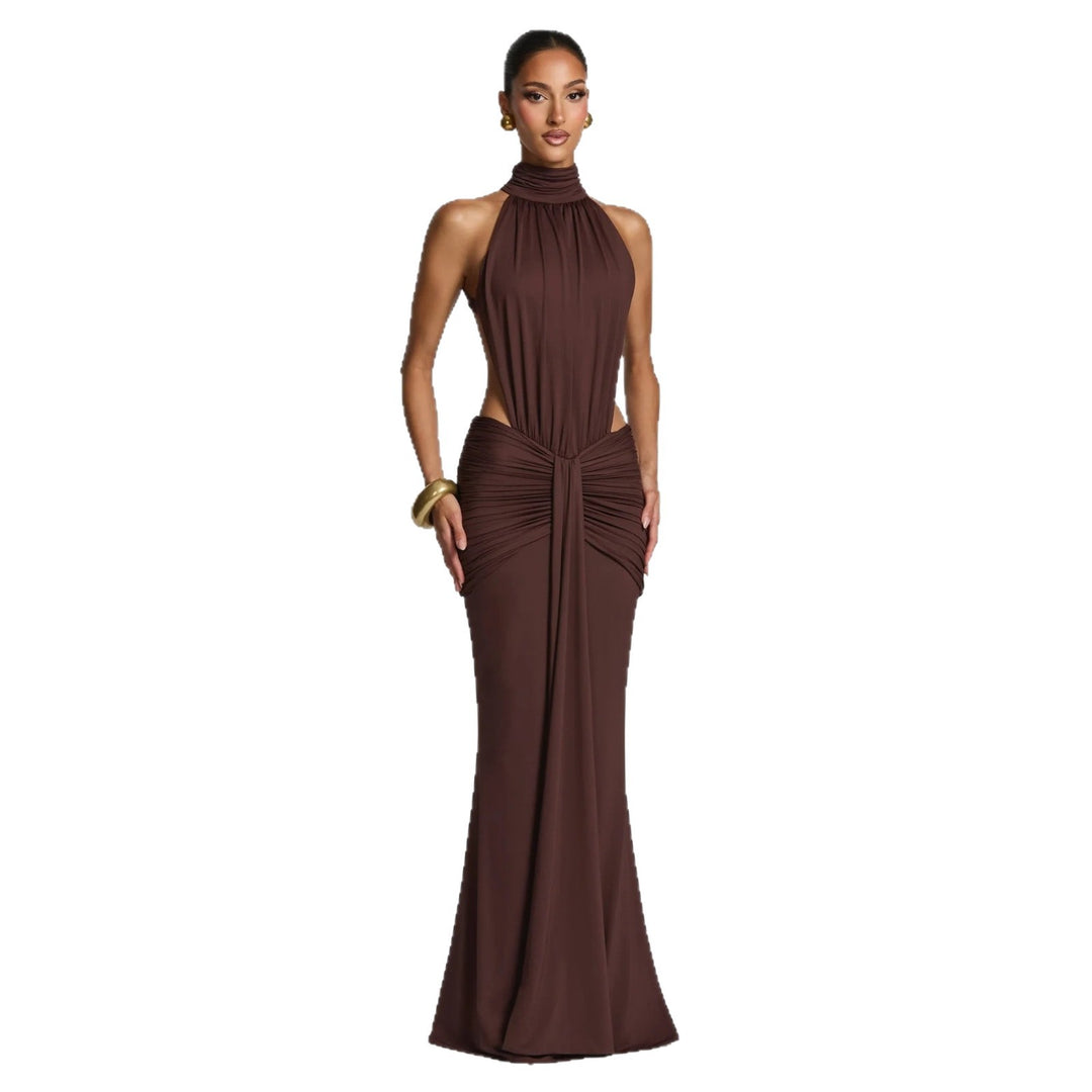 Damen Figurbetontes Abendkleid mit Raffungen und hochgeschlossenem Kragen Drune