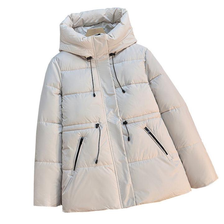 Damen nan kurze wattierte Kapuzenjacke mit hohem Stehkragen, Kordelzug und diagonalem Reißverschlusstaschen-Design Drune