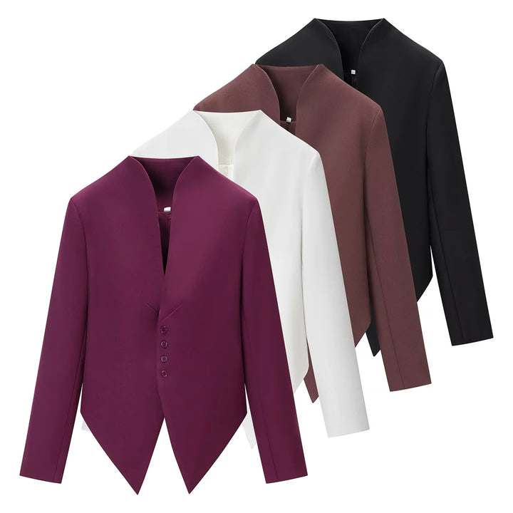 Damen nan taillierter Blazer mit Stehkragen, asymmetrischem Zipfelsaum und Knopfleiste Drune