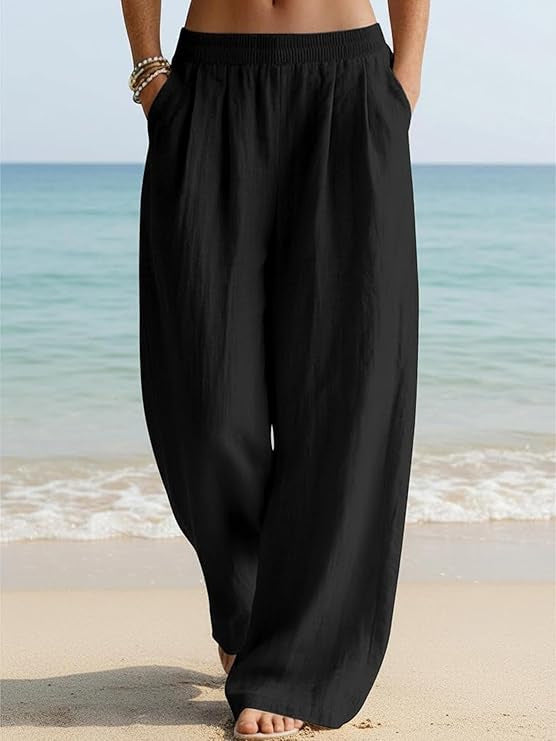 Damen Weite Leinenhose mit elastischem Bund und seitlichen Eingrifftaschen Drune