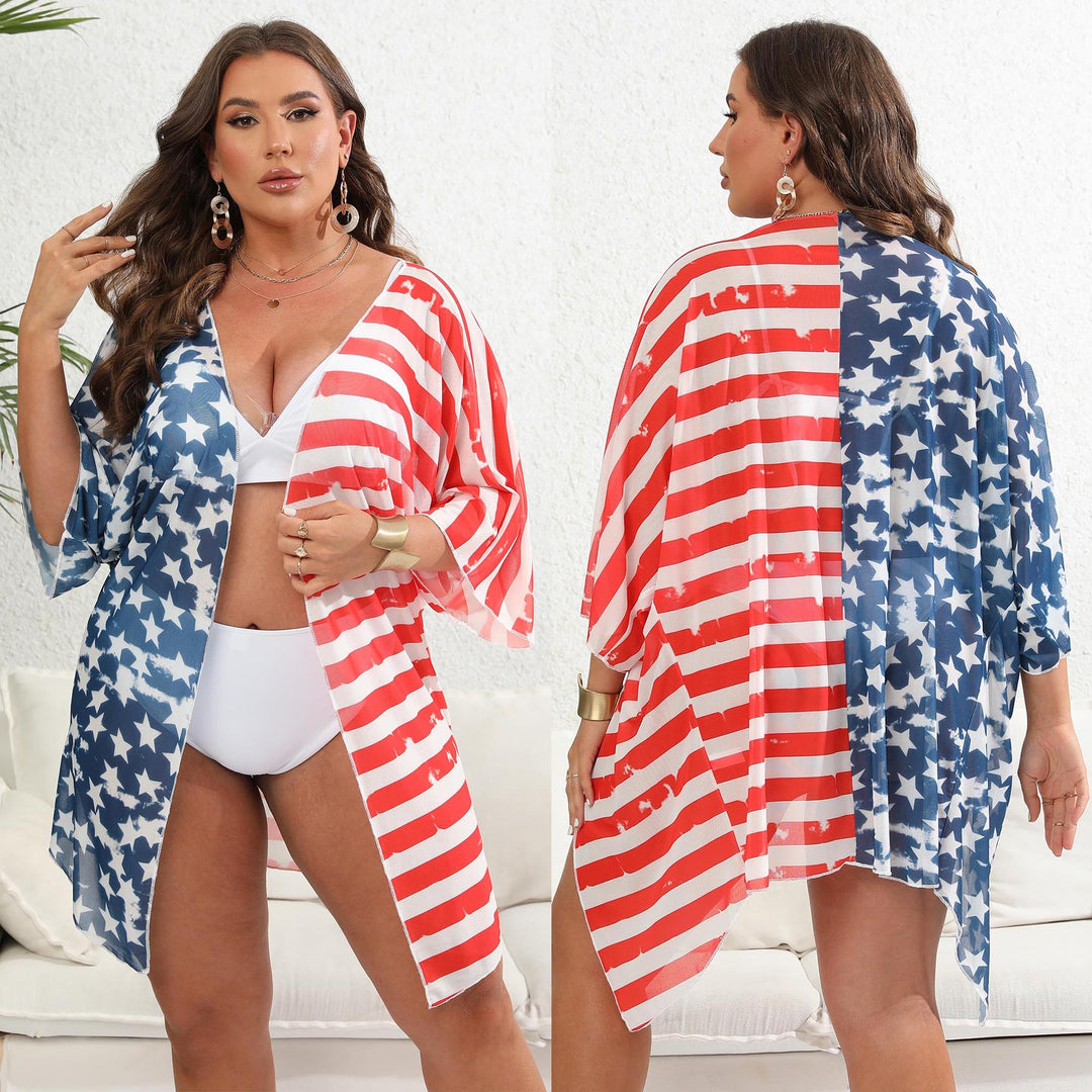 Damen lässiger Strandkimono mit patriotischem Sternen- und Streifenmuster Drune