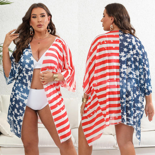 Damen lässiger Strandkimono mit patriotischem Sternen- und Streifenmuster Drune