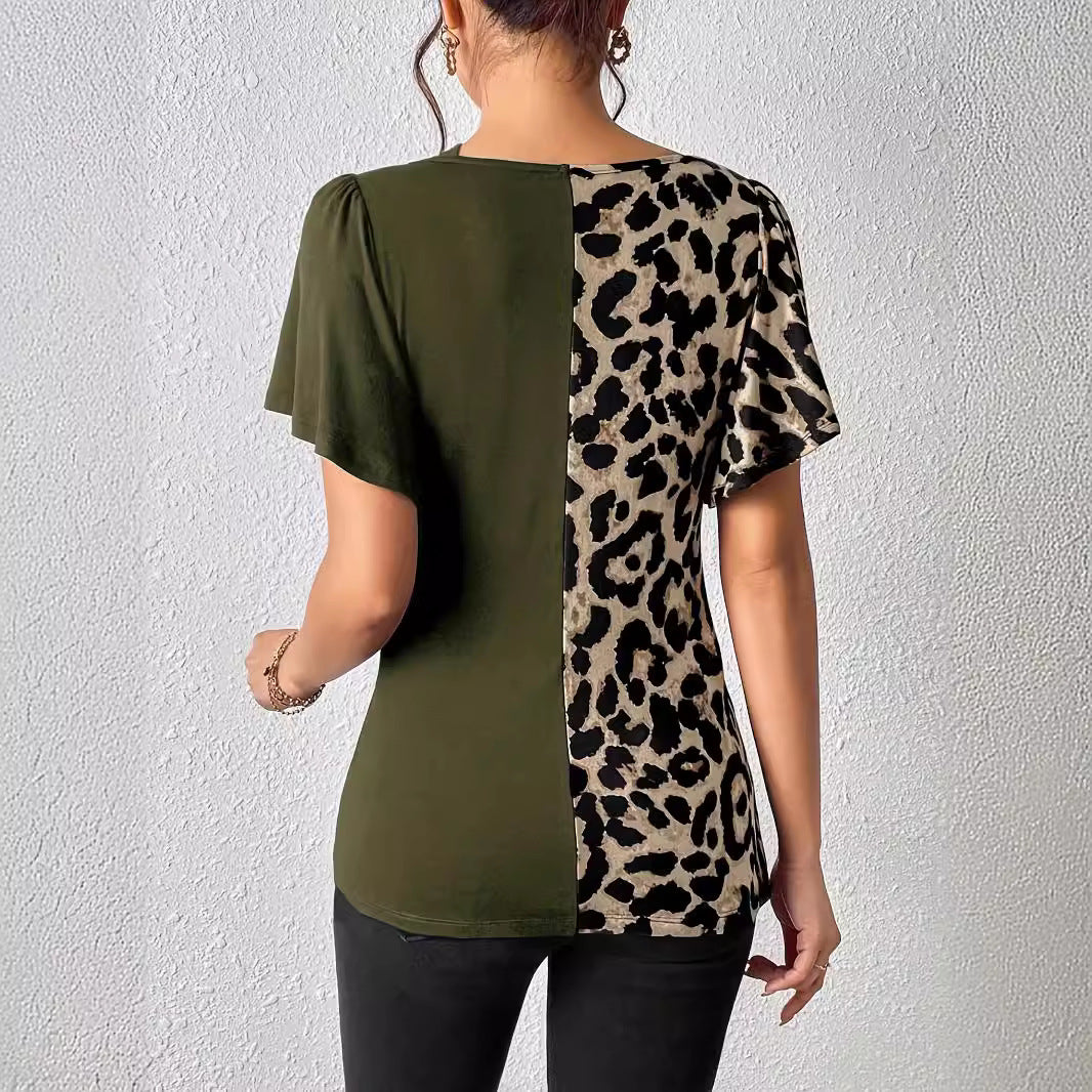 Damen nan asymmetrische Stretch-Tunika mit Leopardenprint-Seiteneinsatz und Mehrfachträgern Drune