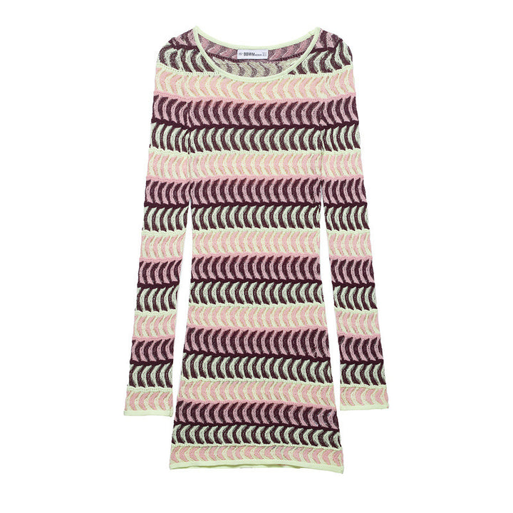 Damen nan gestricktes Feinstrick-Minikleid mit transparentem Wellenstruktur-Muster und Rundhalsausschnitt Drune