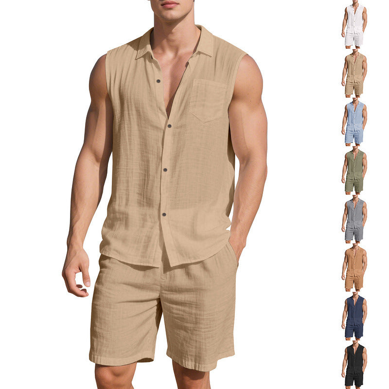 Herren nan ärmelloses Hemd- und Shorts-Set aus Baumwoll-Leinen mit Kentkragen und elastischem Tunnelzugbund Drune