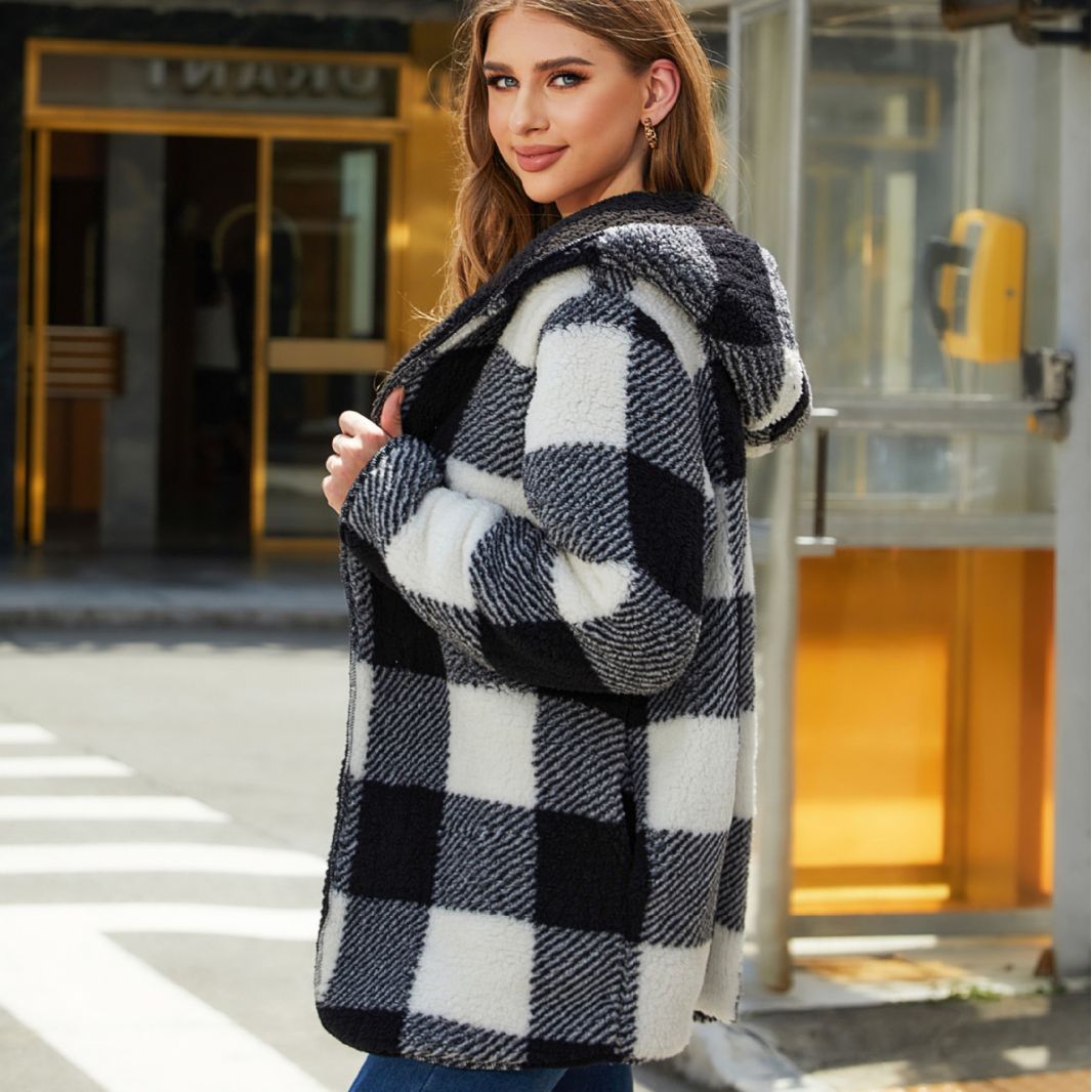 Damen Plüschige Karojacke mit oversized Passform und Kapuze Drune