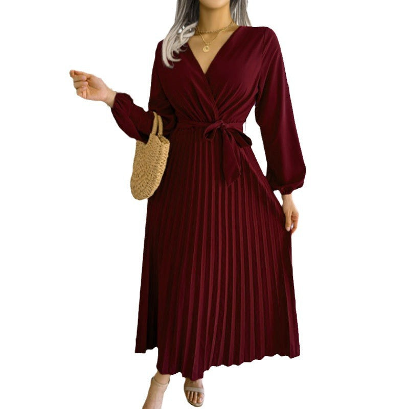 Damen Wickelkleid mit Faltenrock und langem Arm Drune