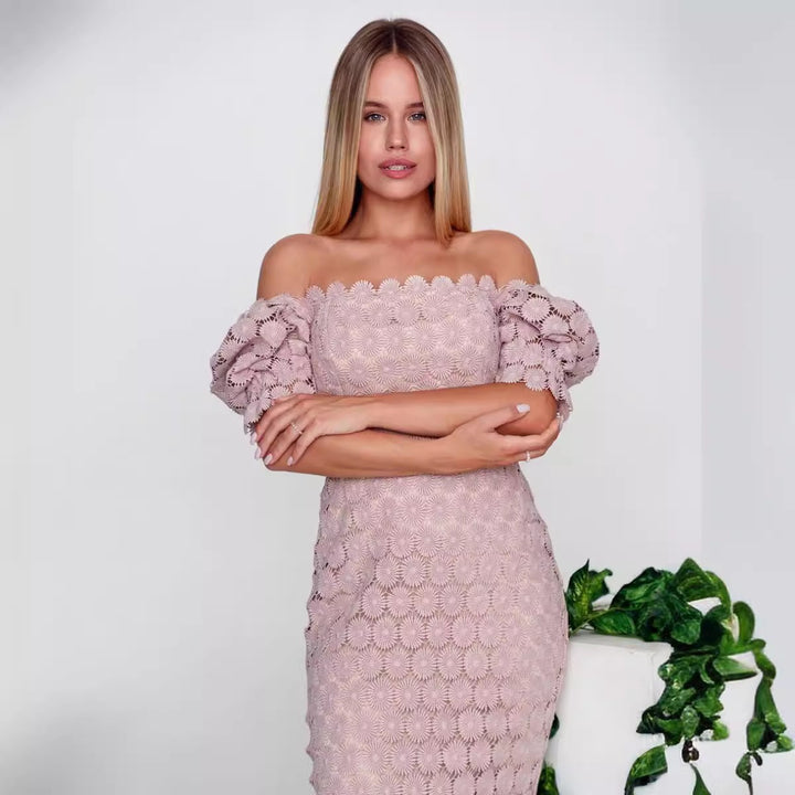 Damen Spitzenkleid mit floralen Elementen und voluminösen Ärmeln Drune