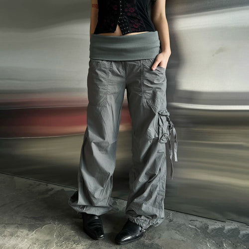 Damen Weite Cargo-Hose mit hohem Umschlagbund, Utility-Tasche und Kordelzug Drune