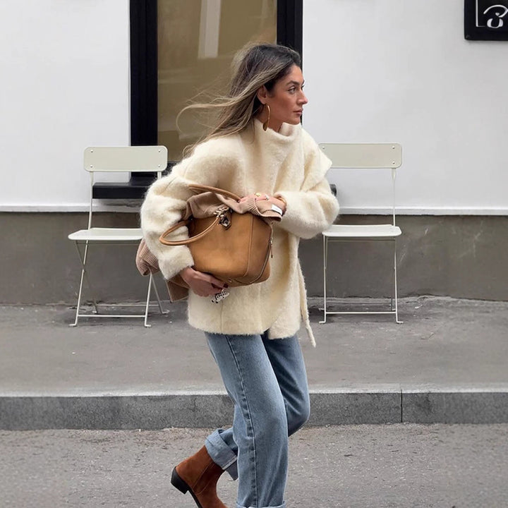 Damen Oversize Wollmix-Poncho mit asymmetrischem Fall und Bindebändern Drune