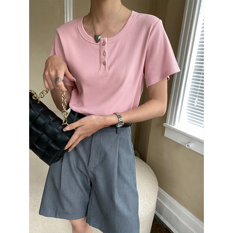Damen Kurzarm Henley-T-Shirt mit Knopfleiste Drune