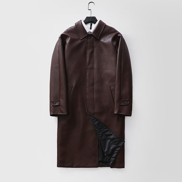 Herren langer minimalistischer Kunstleder-Mantel mit Hemdkragen, verdeckter Knopfleiste und geradem Schnitt Drune