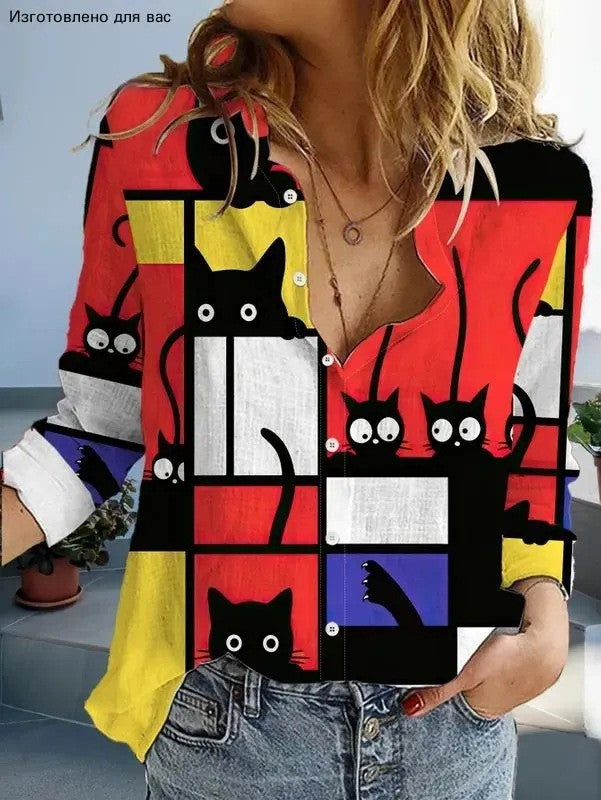 Damen Modische Hemdbluse mit einzigartigem Katzenmotiv Drune