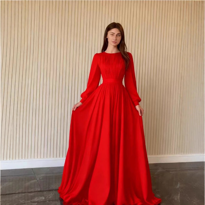 Damen Elegantes Langkleid mit schmalem Taillenband und Ballonärmeln Drune