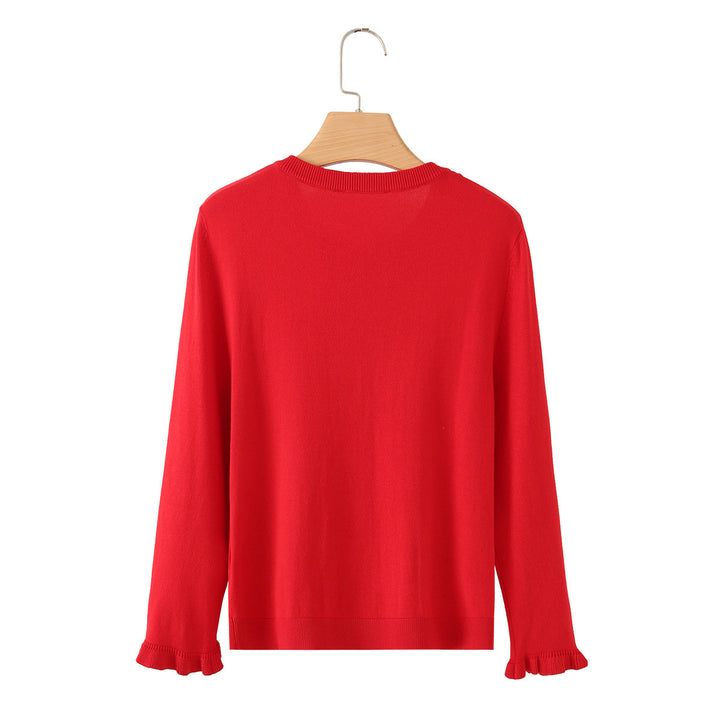 Damen Rüschensaum Strickjacke mit Knopfleiste und Volantärmeln Drune