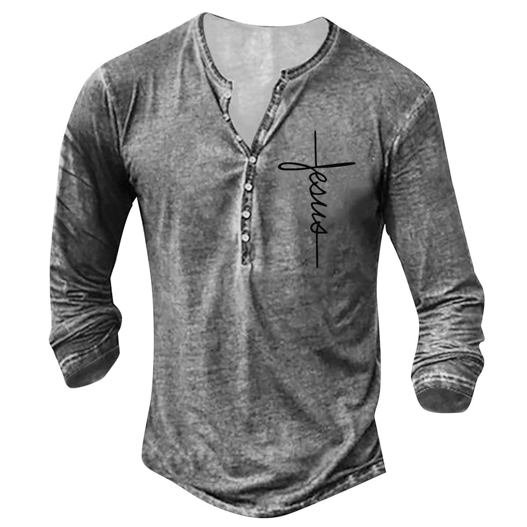 Herren Langarm Henley-Shirt mit kreativem Grafikdruck Drune