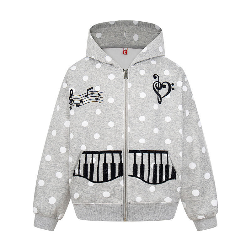 Damen Kapuzen-Sweatjacke im Retro-Punkte-Look mit gestickten Klavier-Taschen und Noten-Emblem Drune