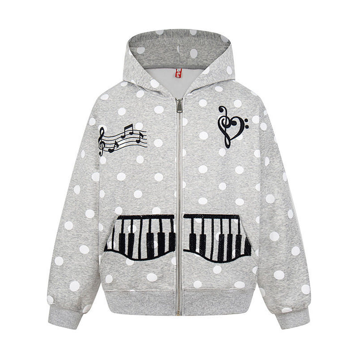 Damen Kapuzen-Sweatjacke im Retro-Punkte-Look mit gestickten Klavier-Taschen und Noten-Emblem Drune