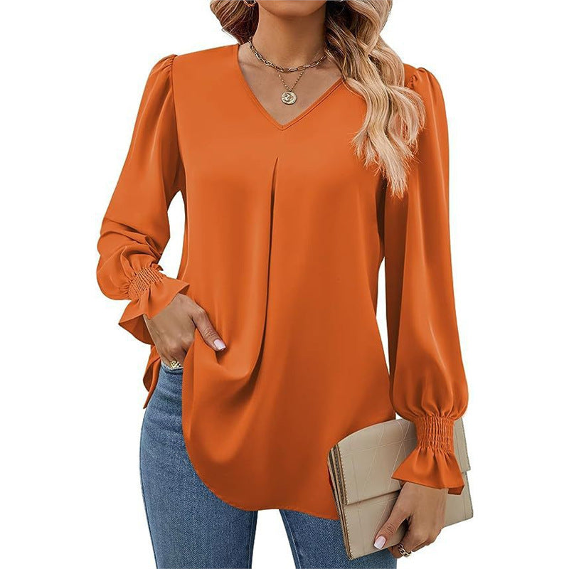 Damen fließende V-Ausschnitt Bluse mit eleganten Puffärmeln Drune