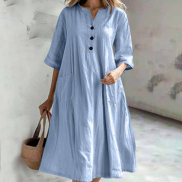 Damen lässiges Baumwollkleid mit Knopfleiste und praktischen Taschen Drune