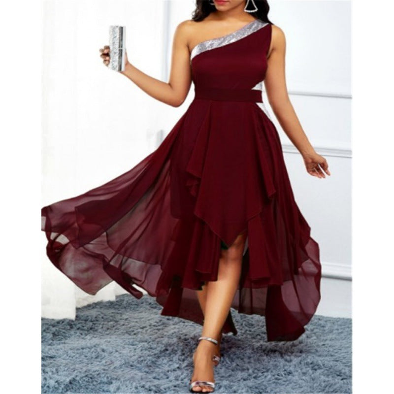 Damen elegantes asymmetrisches Chiffonkleid mit funkelndem Detail Drune