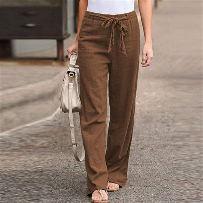 Damen bequeme Leinenhose mit elastischem Bund und verstellbarem Bindegürtel Drune