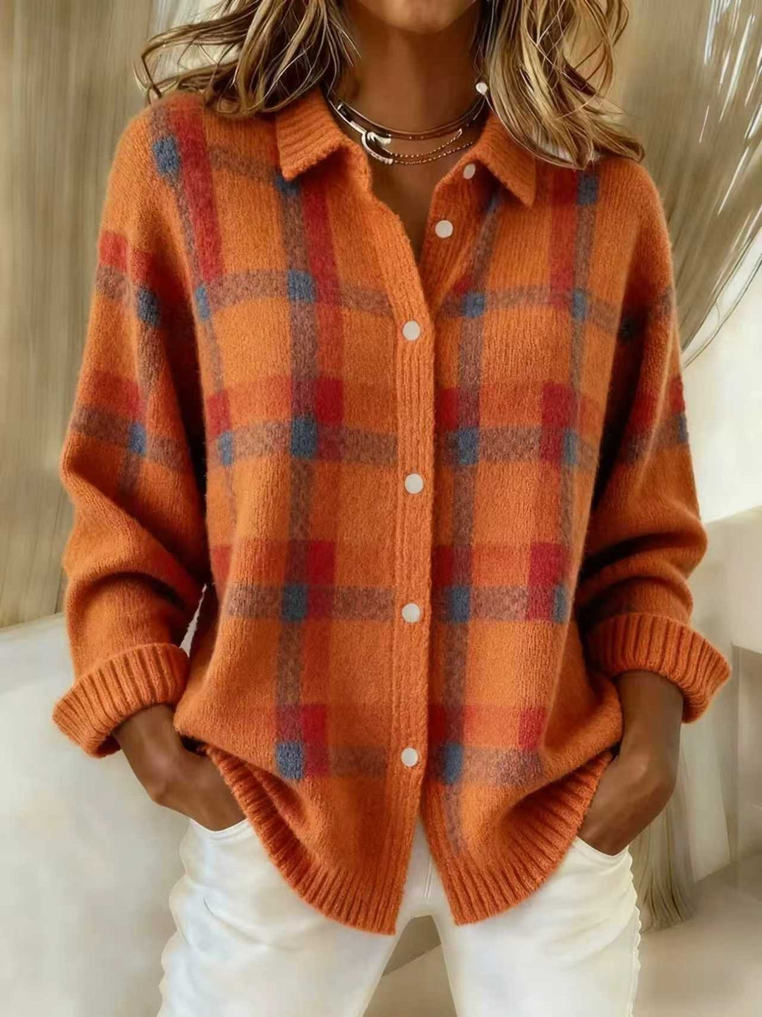 Damen Kariertes Strick-Hemdjacke-Cardigan mit Hemdkragen und gerippten Bündchen Drune