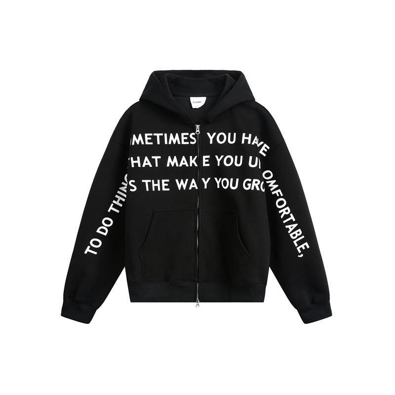 Unisex Oversize Kapuzen-Zipjacke mit Zwei-Wege-Reißverschluss und Statement-Print Drune