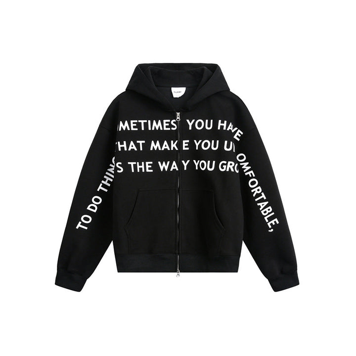 Unisex Oversize Kapuzen-Zipjacke mit Zwei-Wege-Reißverschluss und Statement-Print Drune